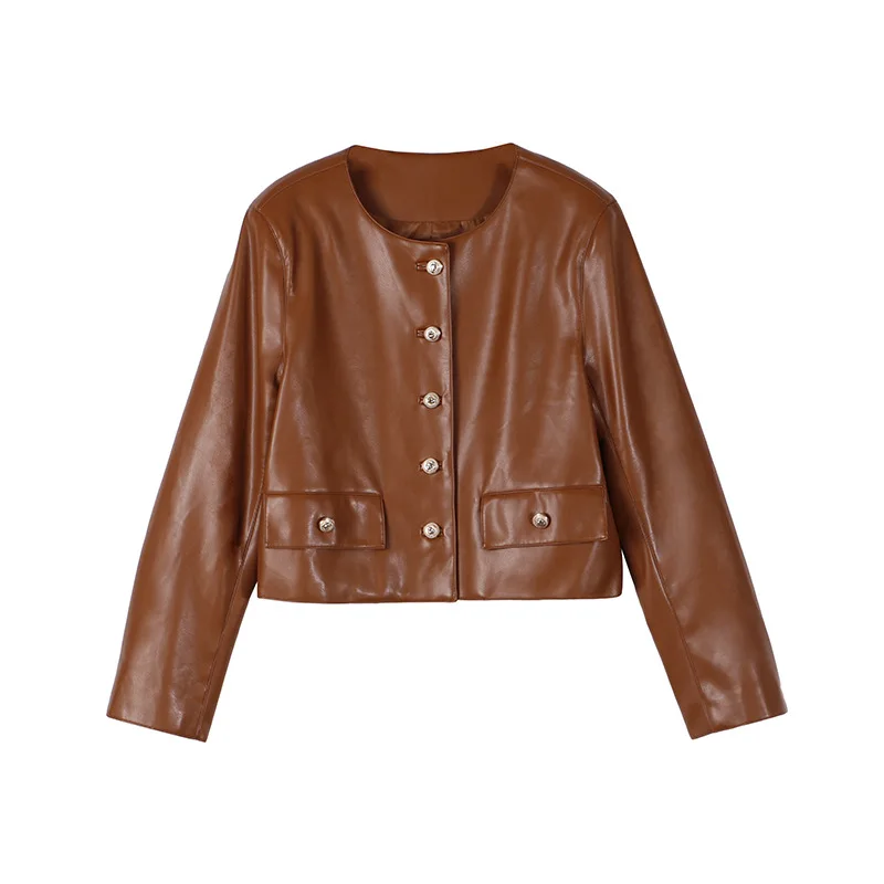 Leather Jacket Short Coat Women's Autumn Coat New Coffee Color Round Collar Button Profile Loose Casual Pu Leather Jacket