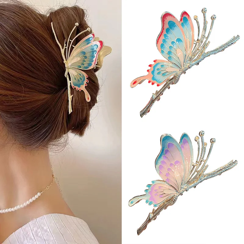 

2022 Korean Painted Butterfly Hair Clips Women Fashion Hair Claw Elegant Large Metal Crab Shark Clip Female Hair Accessories