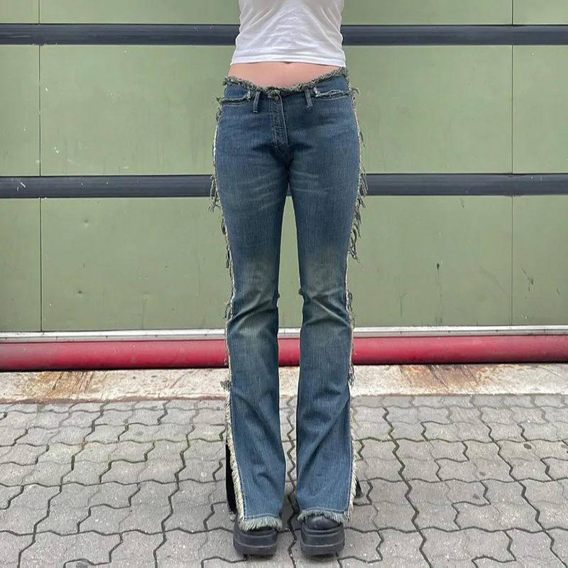 

Women Jeans Autumn Winter Vintage Tassel Stitching Jeans Women's Casual Low Waist Slim Jeans Streetwear Denim Flare Pants
