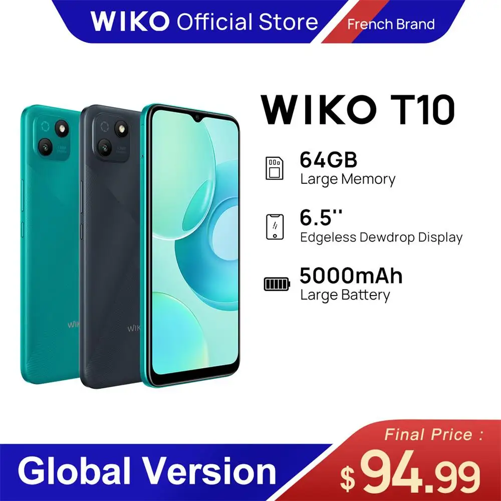 WIKO T10 Smartphone Android 2 GB RAM 64 GB ROM 5000 mAh HD + display 6,5 inch 13 MP camera Mobile Phone