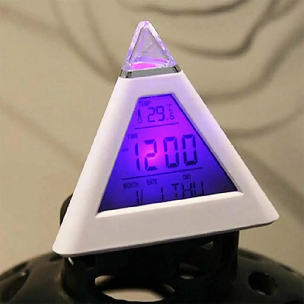 

Pyramid Shape Digital LED Alarm Clock Time Date Temperature Display 7 Colors Changing Triangle Desk Clock With Night Light