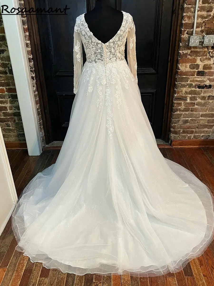 

Реальное изображение иллюзии с длинным рукавом размера плюс свадебные платья A-силуэта V-образный вырез аппликация кружева Атлас Свадебные платья