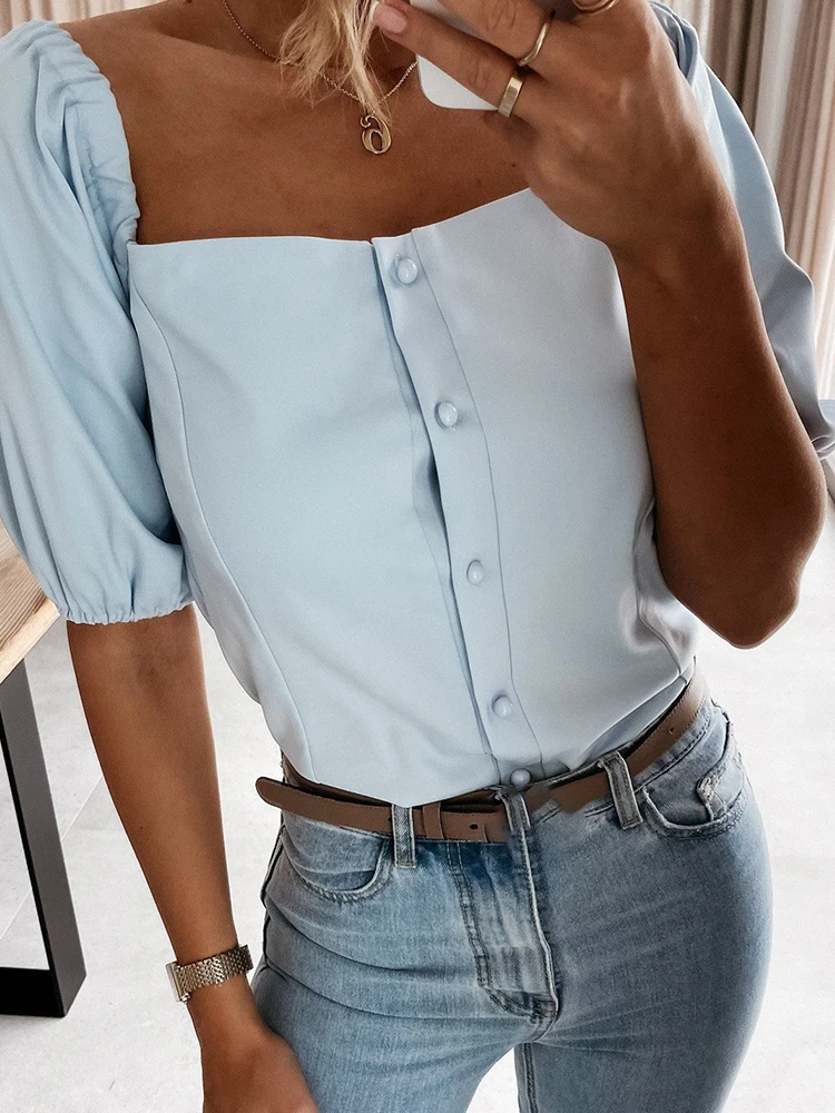 

New Casual Short Sleeve Button-up Slash Neck Blouse Shirt Women Elegant Off Shoulder Ruffle Blouses For Femme Spring Summer Tops