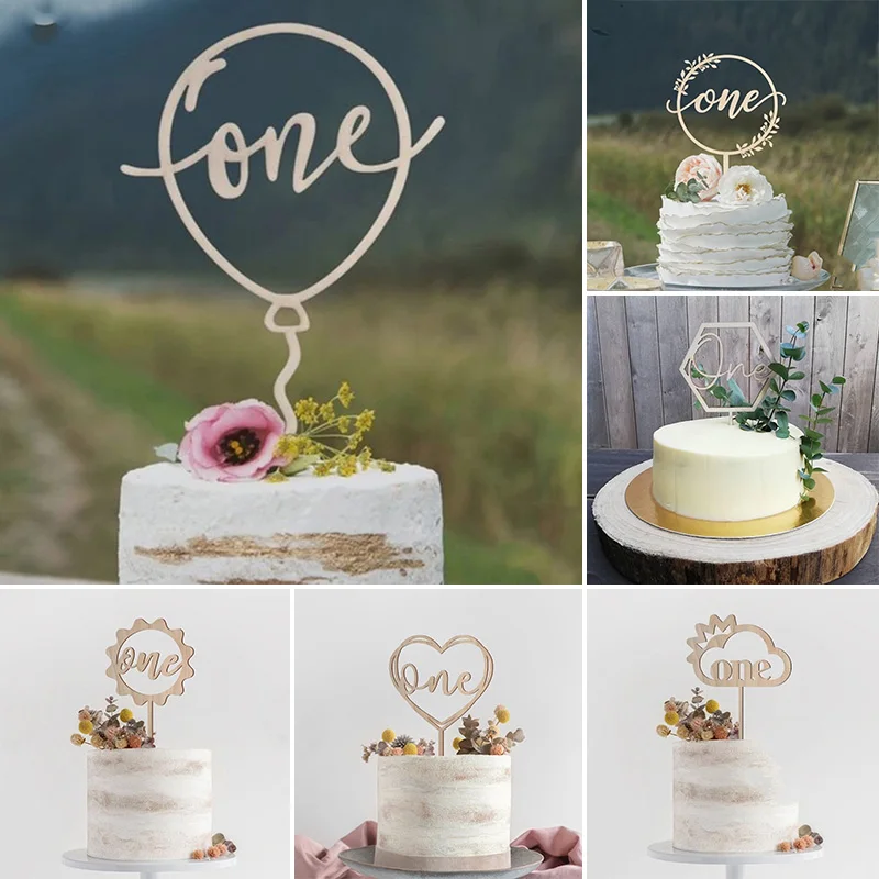 

1PC New Wooden “One” Cake Card 1 Year Old Birthday Cake Topper Baby's First Birthday Cake Decor for Baby Shower Party Supplies