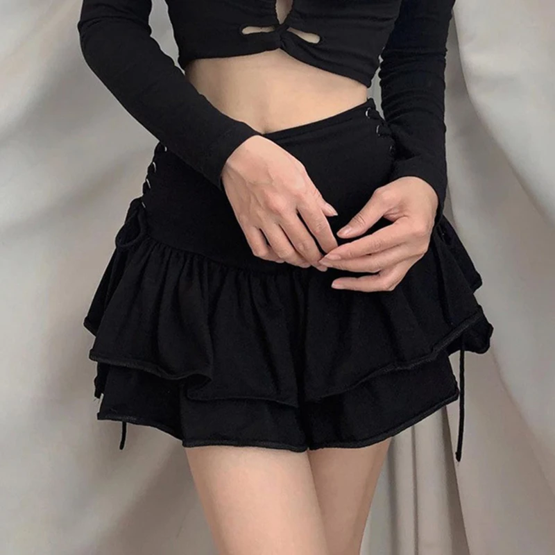 

Personality Skirts Women Side Waist Strap Summer Schoolgirl Skirt E-Girl Gothic Lace Mini Pleated Skirt Punk Harajuku Streetwear