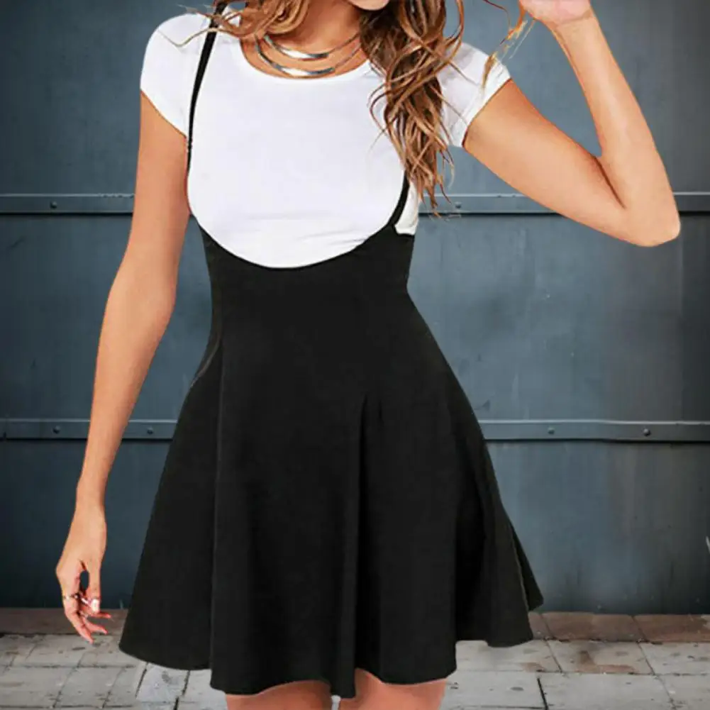 

Women Mini Skirt High Waist Solid Color Adjustable Straps Stretch Long Flared Ruffle Big Hem Summer Suspender Female Clothes