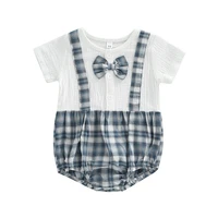 newborn boy short sleeve bodysuit fake two piece style round neck bow tie romper plaid clothes