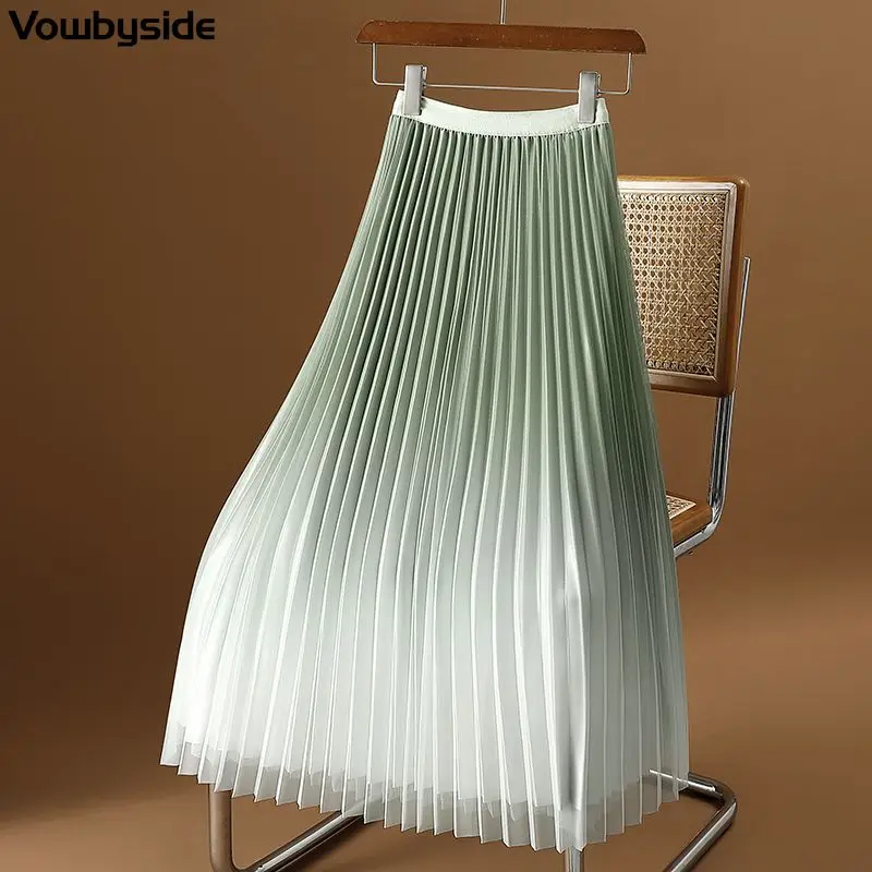 

Градиентные сетчатые юбки, Женская плиссированная трапециевидная юбка средней длины с высокой талией