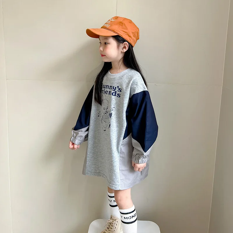 

Girls cartoon letters loose Dress Kids patchwork batwing sleeve Hoodies Dress