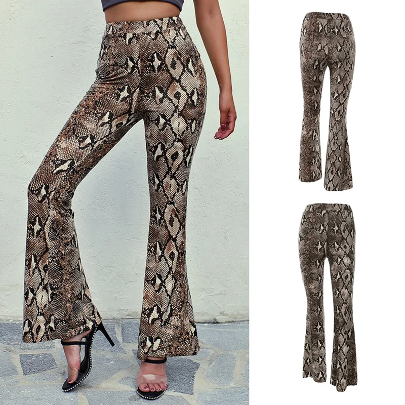 

Design High Waist Women Snakeskin Leopard Pants Wide Leg Long Flare Bell Bottom Trouser Fashion Ladies Autumn Pants