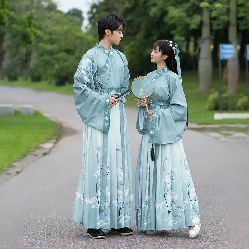

Original WeiJin Dynasty Couple Hanfu Dress Blue Embroidery Gradient Dress Adult Carnival Costume Performance Dress Plus Size