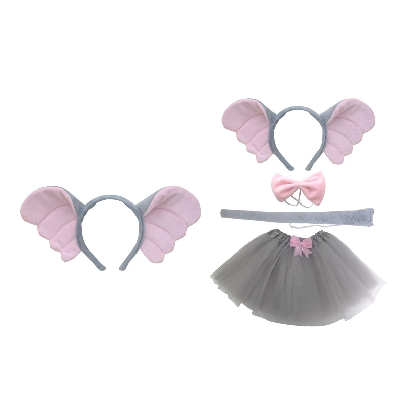 

1/4 Pcs Elephant Costume for Kids Girls Boys Elephant Ears Headband Tails Bow Tail Tutu Skirt Animal Cosplay Accessories