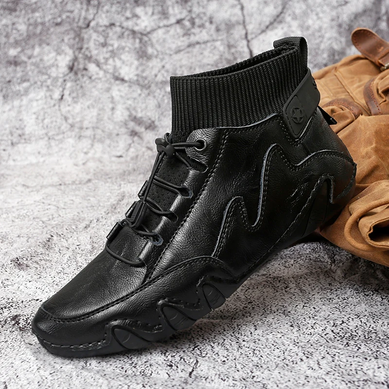 Лидер продаж черные кожаные повседневные мужские туфли носки с высоким берцем