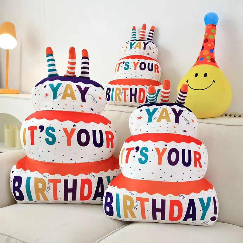 

Party Cap Happy Birthday Cake Shape Pilliw Stuffed Smile Ball Cushion For Kids Creative Cute Plush Toy Pasty Decor Throw Pillow