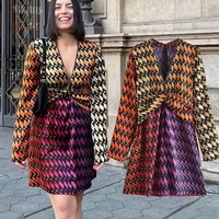 jennydave 2022 ins blogger geometric printing v neck sexy mini dress women fashion high street pearls casual party dress tops