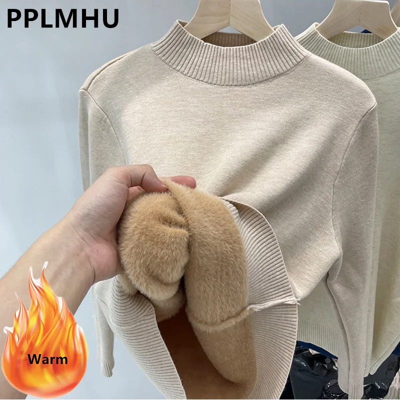 

Sweaters Casual Half Turtleneck Plush Velvet Lined Thicken Knitted Pullover Women Winter Warm Knitwear Jumper Soft Malhas Jersey