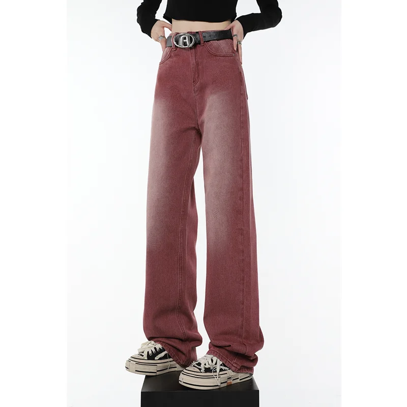 

Vintage Red Straight High Waisted Women's Jeans American Fashion Streetwear Denim Trouser Casual Gradient Denim Wide Leg Pants