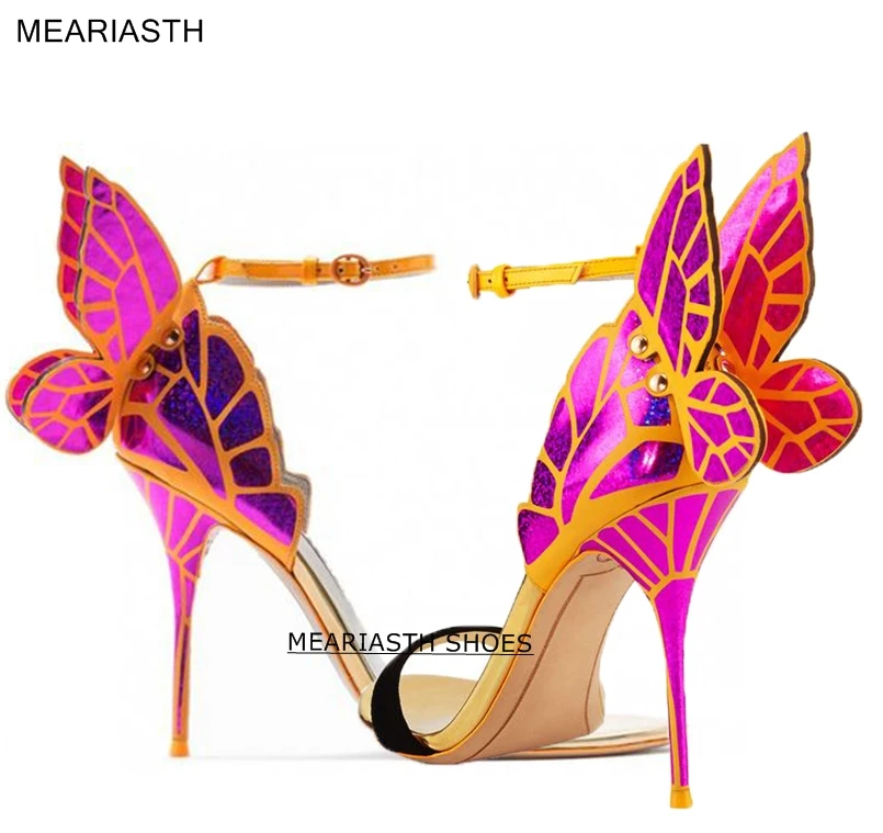 

Rose Gold angel Winged Leather Sandals High-end Women Pink Butterfly Sandals Metal Stiletto Heel Metallic Patent-leather Sandals