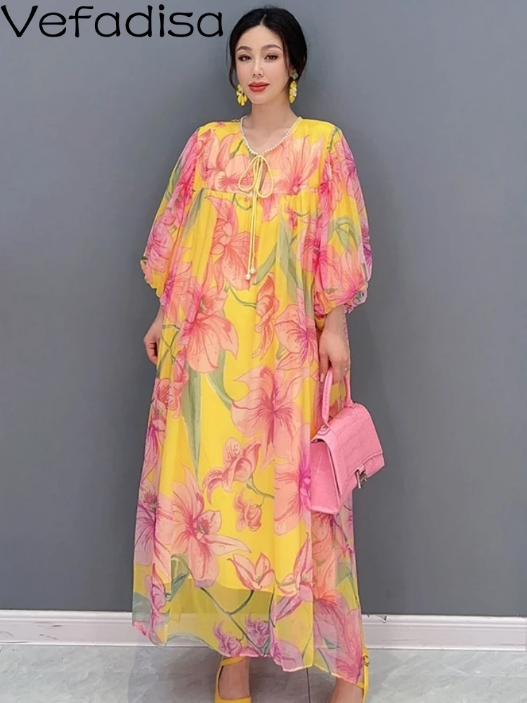 Vefadisa 2023 Summer New Women Dress Personality Print Waist Wrapped Chiffon Colorful Flower Fashion Girl Elegant Dress ZY1244