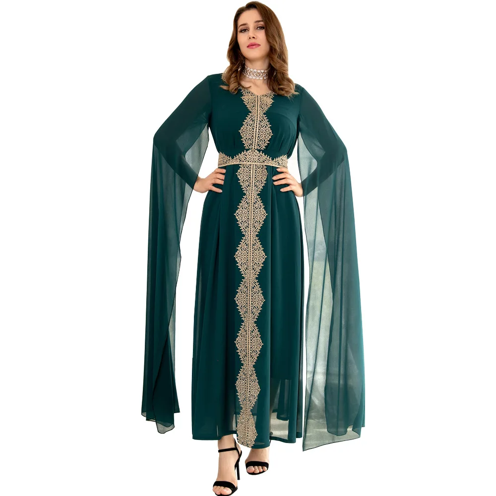 High Quality Elegant Dubai Ladies Shawl Sleeve Lace Chiffon Maxi Dress Fashion Moroccan Women Party Evening Gowns Robe Vestidos