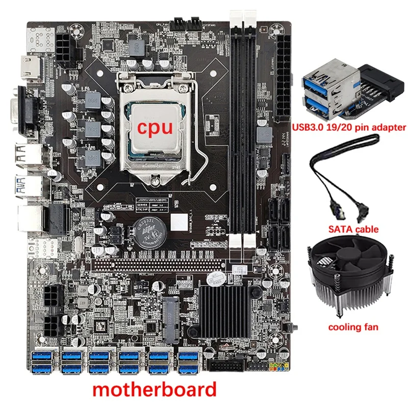 

Материнская плата B75 12 GPU для майнинга + процессор + охлаждающий вентилятор + адаптер USB 3,0 + кабель SATA 12X USB3.0 To PCIE1X слот LGA1155 DDR3 SATA3.0