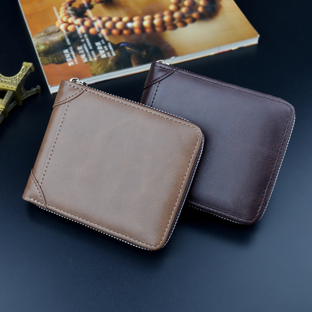 

2022 New Men's Wallet Short Zipper Money Clip Simple Retro Casual Leather Folder Horizontal Paragraph for Business Daily Life