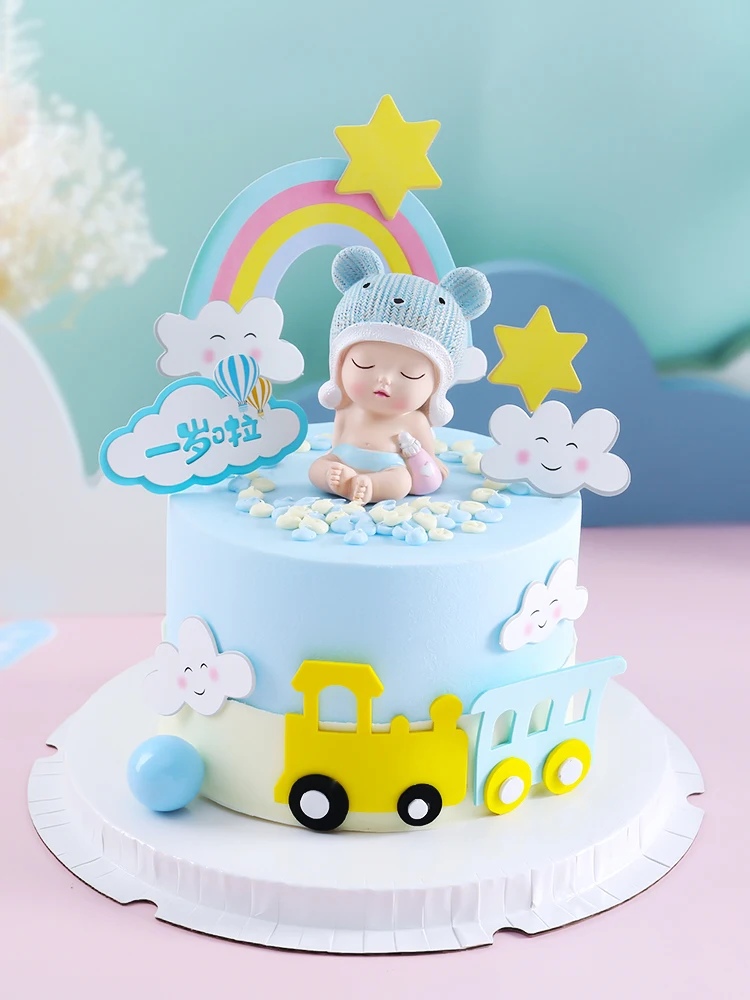 Baby 100th Birthday Party Cake Topper Decoration Dessert Cupcake Rainbow Cloud Train Cartoon Cow Tiger Baking Dress Up Supplies