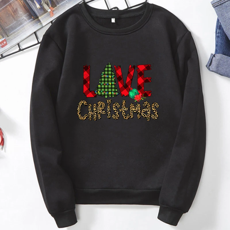 

Winter Casual Women Long Sleeve Hoodies Female Regular Daily Pullover Christmas Leopard Letter Print Loose Round Neck Sweatshirt