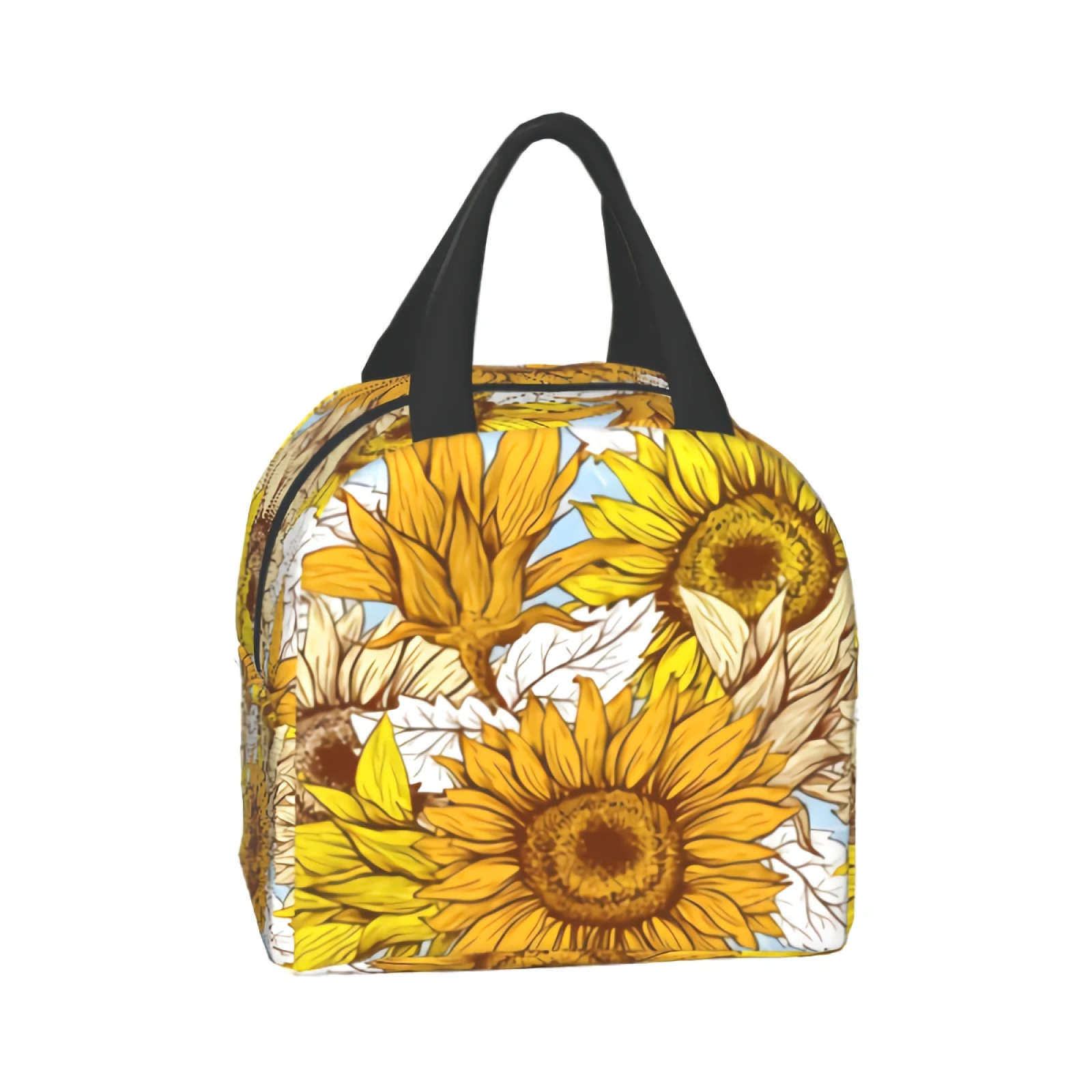 

Ink Watercolor Sunflowers Lunch Bag Tote Bag Container With Zipper Front Pocket Portable Lightweight Women Men Office School