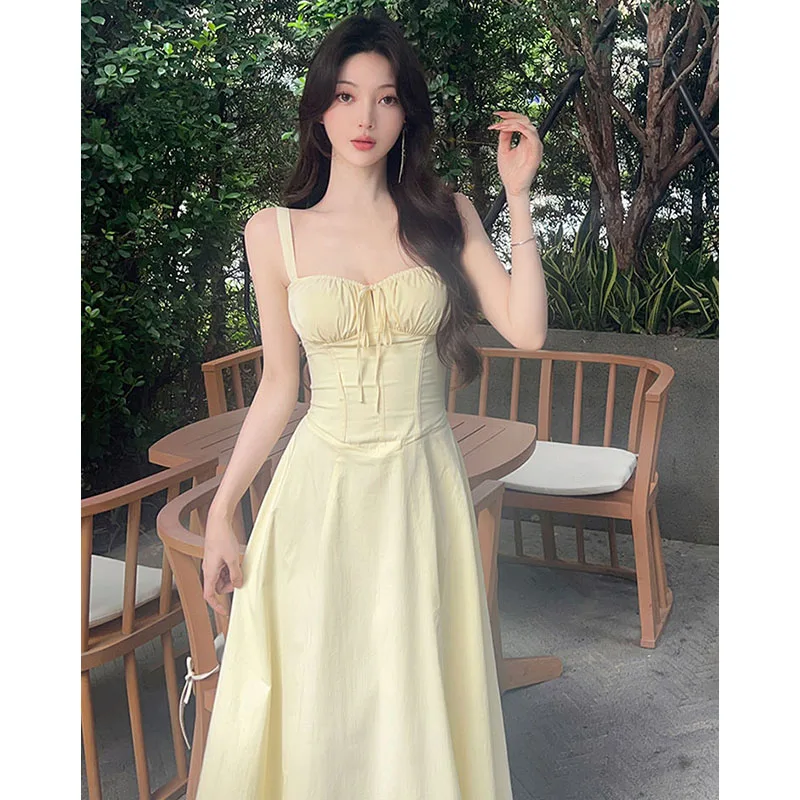 

French Waistband Style Suspender Dress For Women's 2023 Summer New Fashionable And Sexy Large Hem Slit Long Skirt