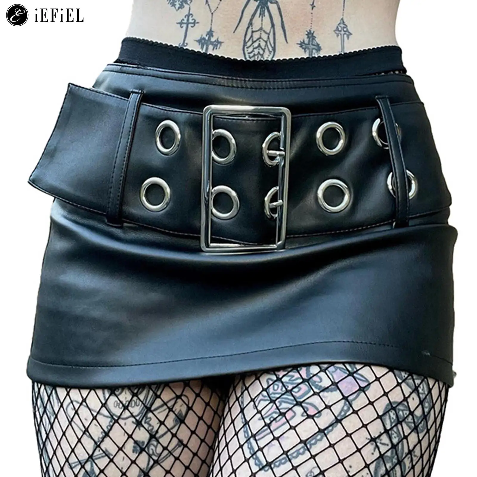 

Women Sexy Babes Gothic Punk PU Leather High Waist Miniskirt Metal Buckle Belted Wrap Skirts Club Party Music Festival Costume