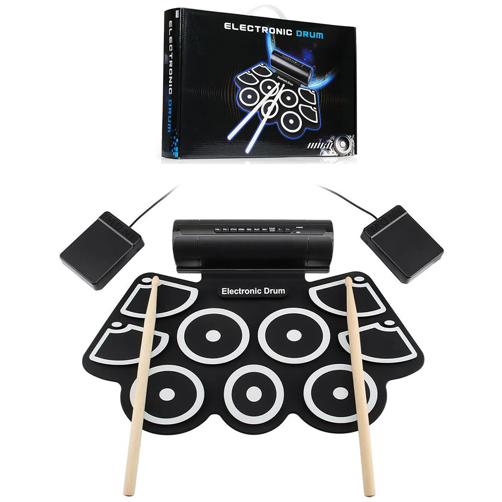 

9 Pads Digital Electronic Drum USB Roll Up Silicone Drum Set With Foot Pedals Foldable Drum USB 3.5 Audio Cable Instrument