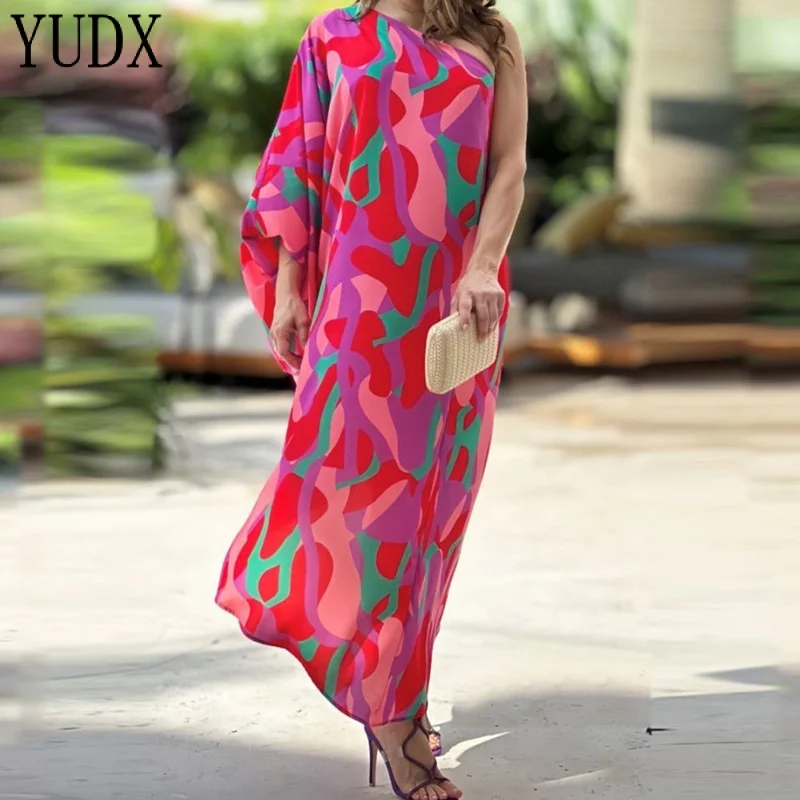 

Ins Spring New Women's Clothing French Pastoral Style Printed off-Shoulder One-Sleeve Printed Loose Dress