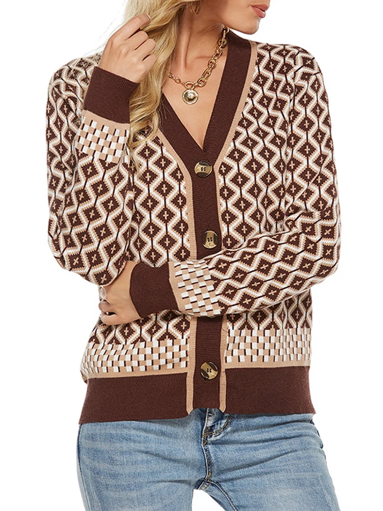 Кардиган женский вязаный клетчатый однобортный на пуговицах |