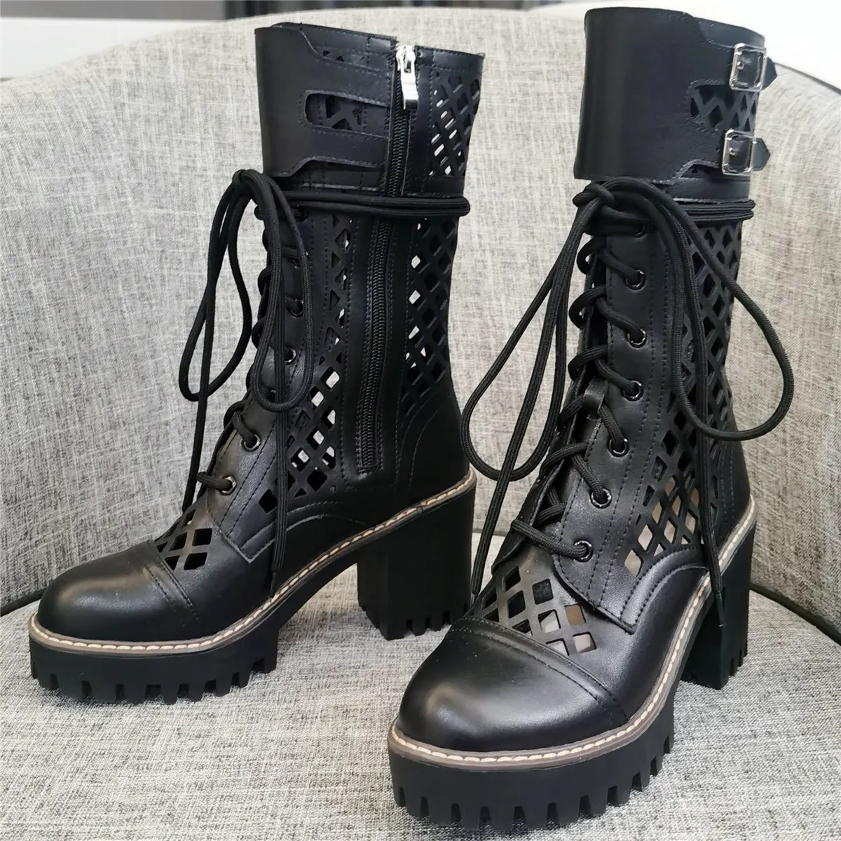 Lace Up Gladiator Sandals Women Hollow Genuine Leather High Heel Ankle Boots Female Summer Round Toe Platform Pumps Casual Shoes