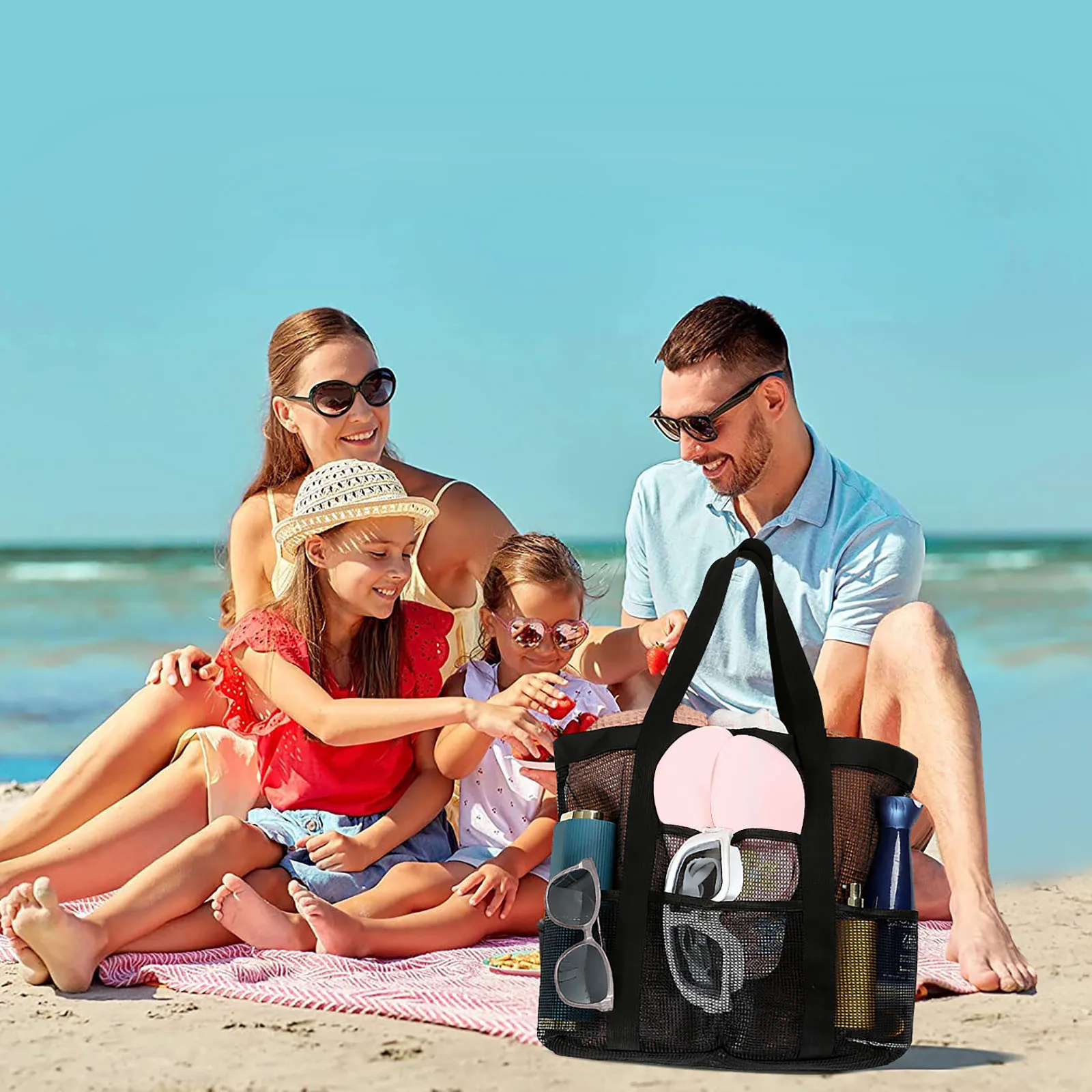 

Durable Mesh Beach Travel Tote Bag Swimming Organizer Bag 8 Pockets Beach Bag Cell Phone Accessories Pouch