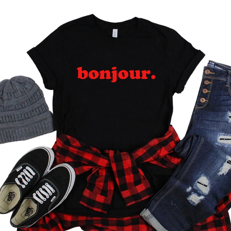 

Bonjour Letters Printed Women's T-shirt French Graphic Tee Summer Fashion T Shirts Cotton Losse Black White Sky Blue Colour Tops