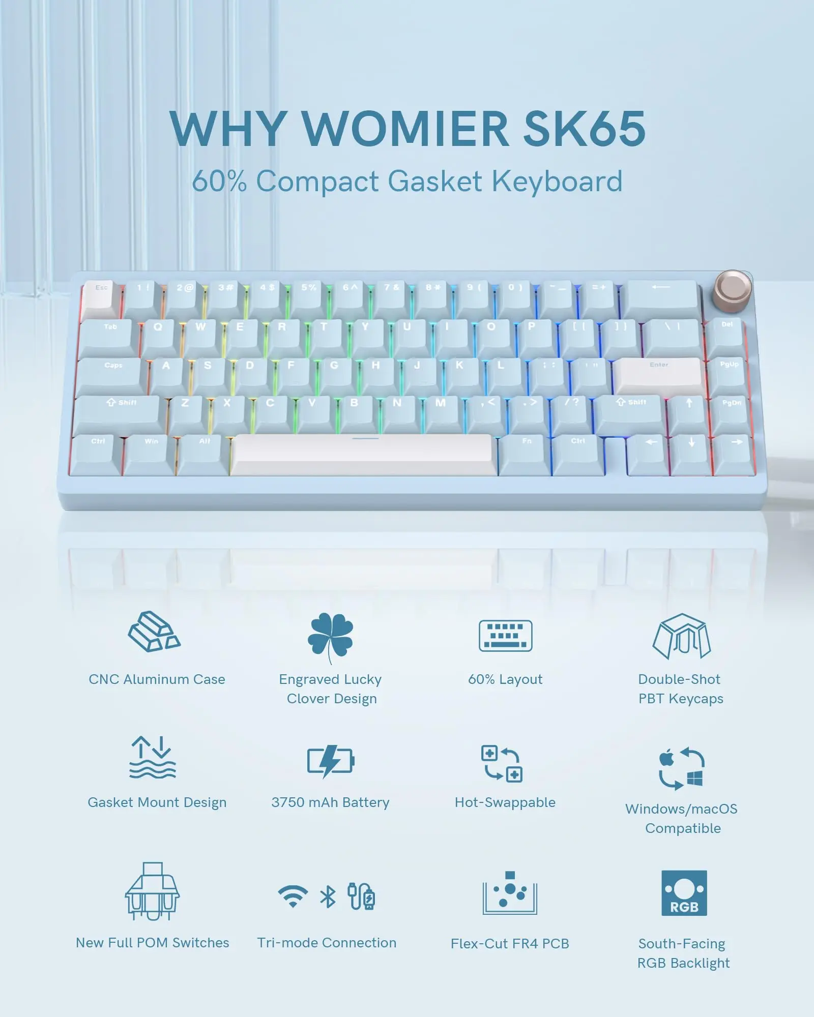 Womier SK65 60% Беспроводная механическая клавиатура Трехрежимная алюминиевая Ретро