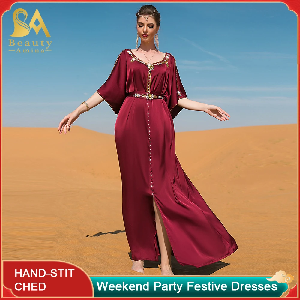Ramadan Dress Wine Red Strapless Hand Stitched Diamond Design Dress Friends Party Travel Holiday Holiday Long Dress Muslim Robe