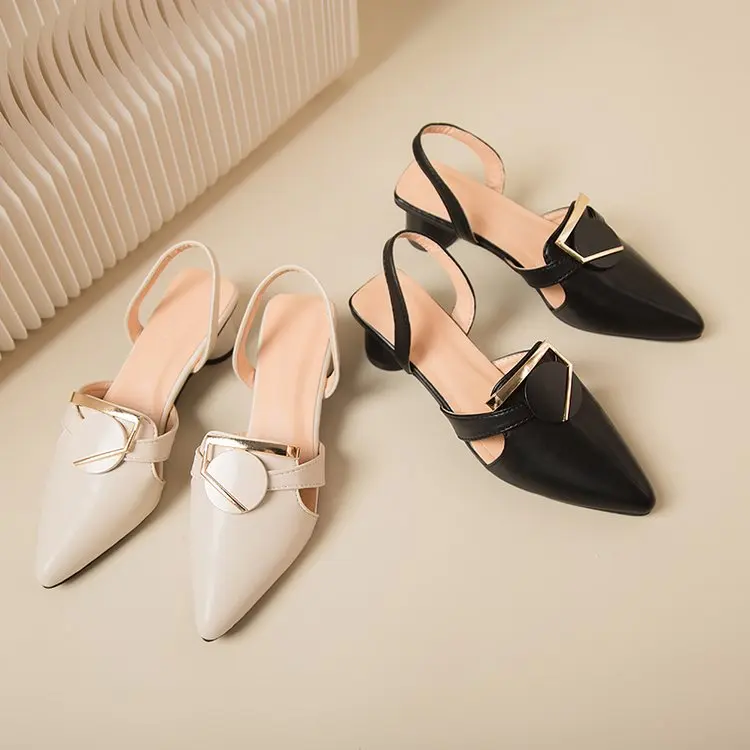 

Women's Pu Leather High Quality Base Shoes Point Toe Slipper and Middle Heel Sandal Shoes Baotou Button Up High Heels 35-41
