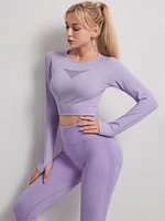 asheywr workout seamless sets women hollow o neck long sleeve tops fitness two piece set skinny high waist elastic suits female