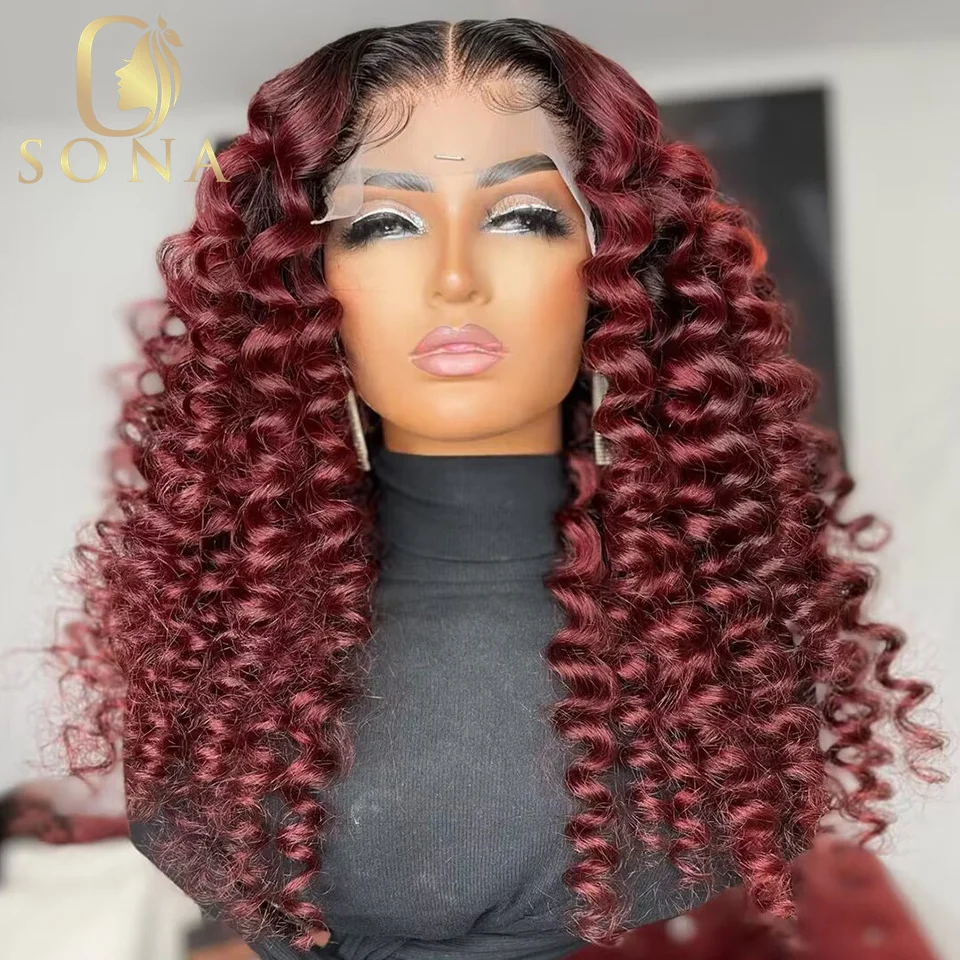 180 Density 1B/99J Burgundy Red Curly 13x6 HD Lace Front Wig Pre Plucked Deep Wave Transparent Lace Frontal Wig Human Hair Wigs