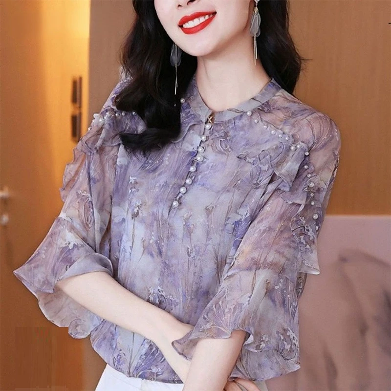 Female Clothes Floral Printed Ruffles Tops Chiffon Shirt Women Chic Flare Sleeved Korean Fashion Elegant Blouses Lady Pullover