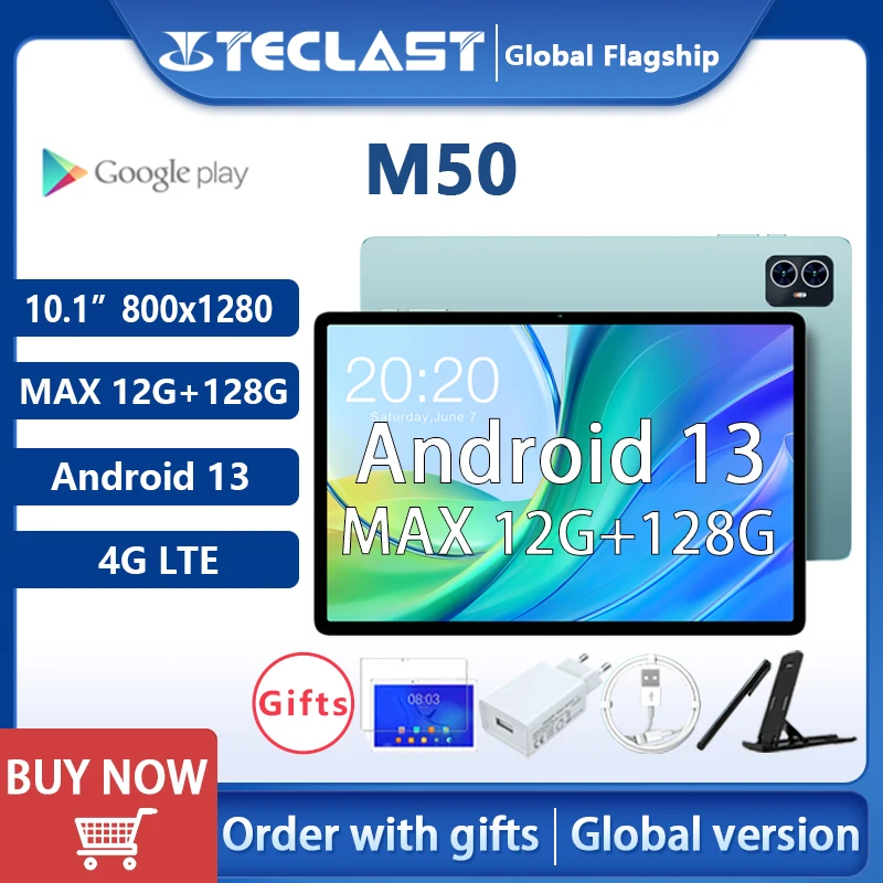 

【NEW】Teclast M50 Tablet MAX 12GB+128GB 10.1" 800x1280 Android13 UNISOC T606 Octa Core 4G Network Type-C Camera 5MP+13MP 6000mAh