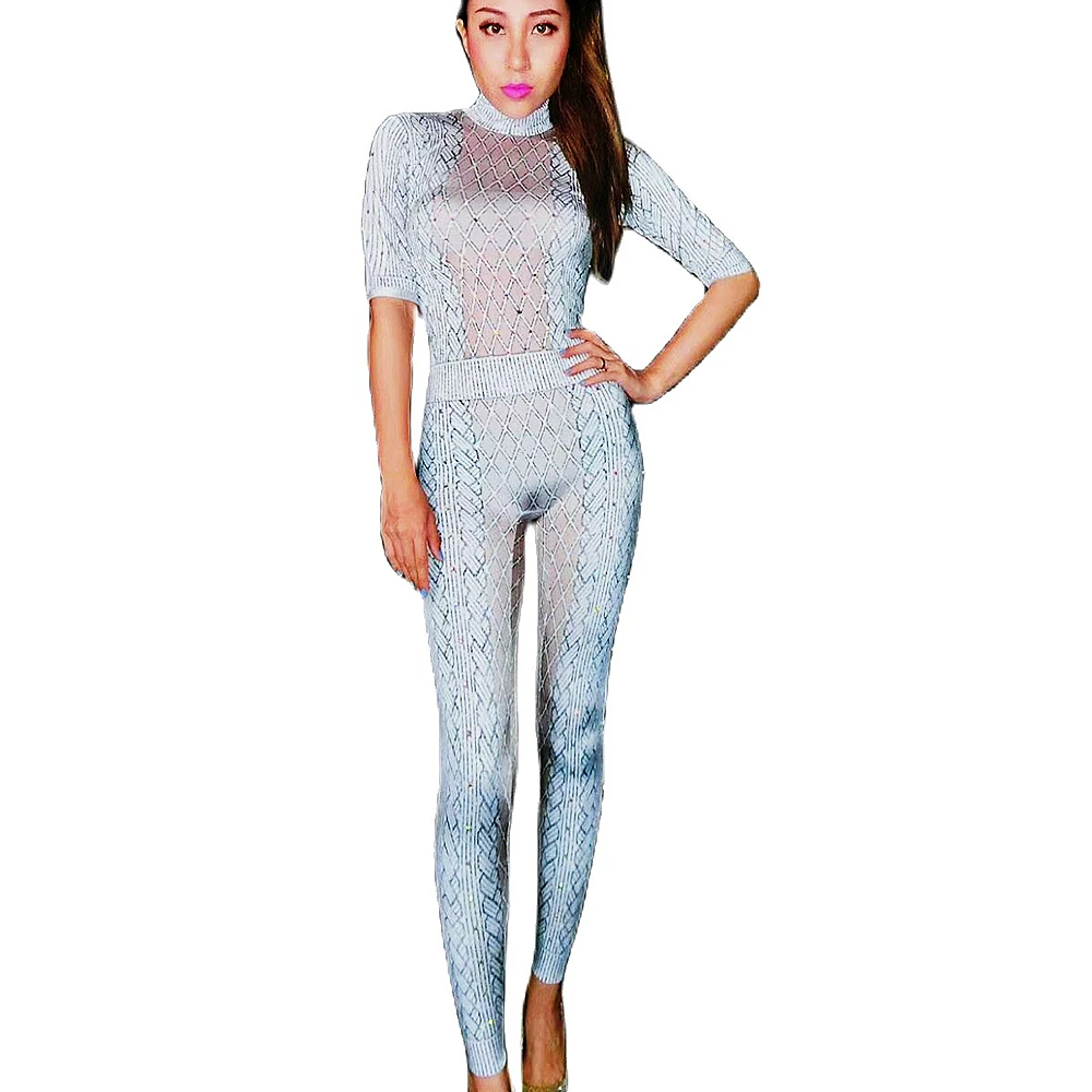 

Silver Rhinestones Mesh Sexy Women Jumpsuits Nightclub DJ Prom Pole Dance Clothing Stage Singer Costumes Party Outfits