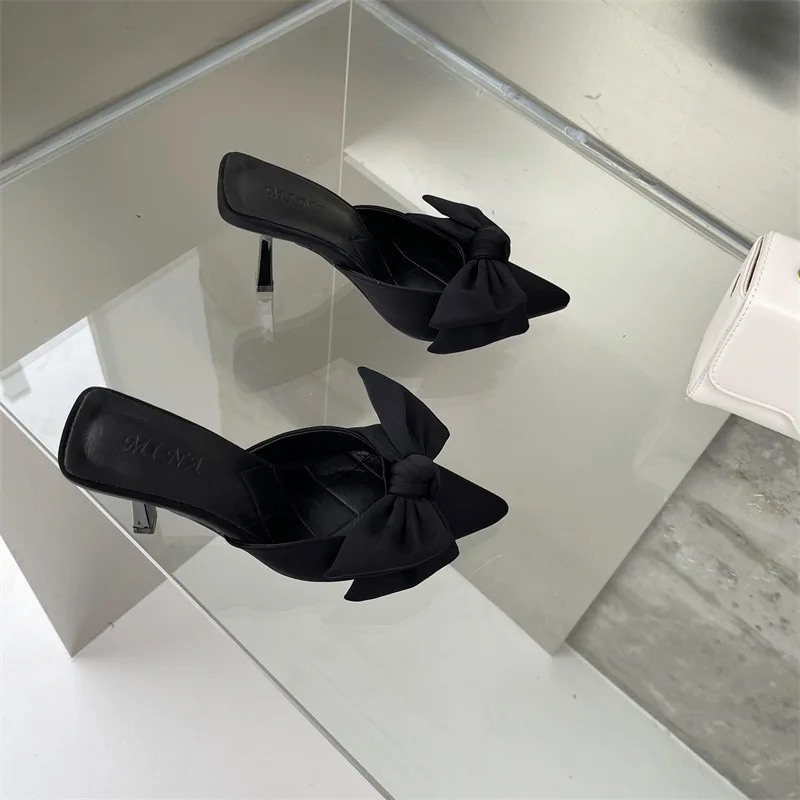 Autumn Butterfly-knot Women Slippers Summer Sexy Ladies Sandals Shallow Pointed Toe Mules Stripper High Heel Pumps Ladies Shoes