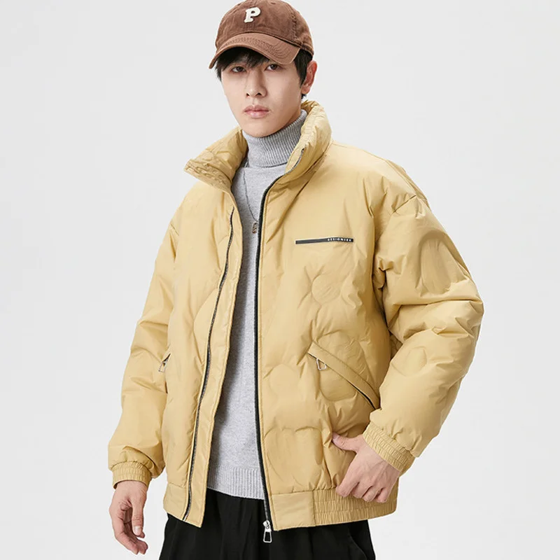 Hip Hop Embossed Down Jacket Men Korean Winter Warm Lightweight Stand Collar Outwear White Duck Down Jackets And Coats Unisex