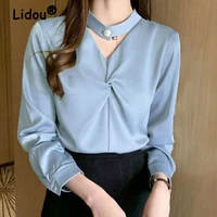 fashion v neck solid color long sleeve casual shirts elegant straight folds spring autumn comfortable womens clothing