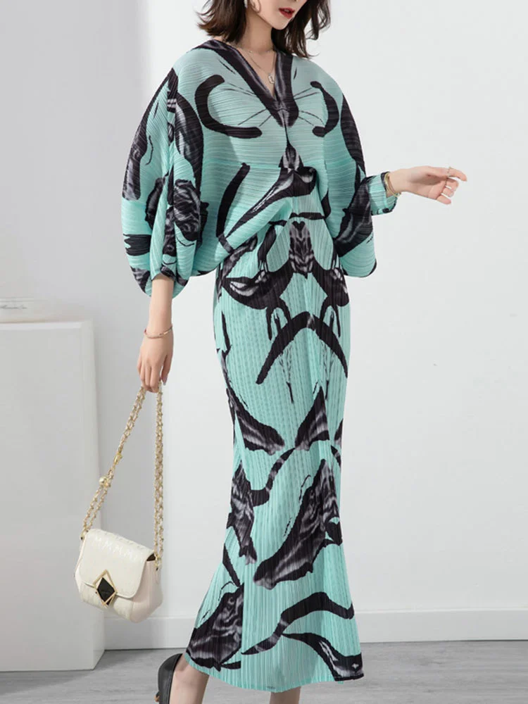 

GVUW Mid-length Print Pleated Dress Women V-neck Batwing Sleeve Loose 2023 Summer Female Casual Pullover Fashion Clothing 17D735