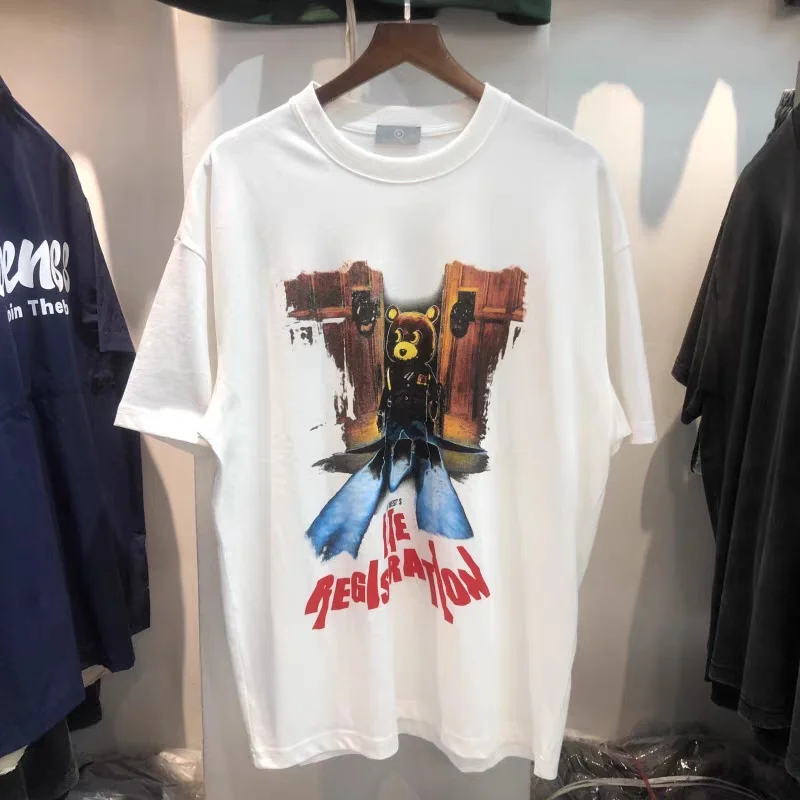 

Kanye White T-Shirt Pure Cotton Little Bear Letter Printing Round Neck High Street Extra Large Men's And Women's Top Short Sleev